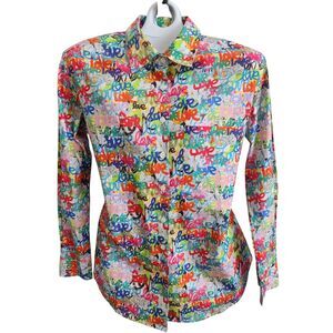 APNY Grafitti Love Print-Boyfriend Button Up Shirt-NWT-Cotton-Streetwear-XS